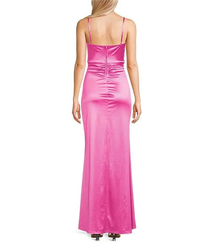 Thin shoulder strap V-neck pleated slit silk long prom dress