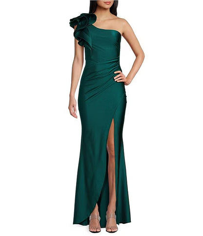 One shoulder with lotus leaf edge and pleats side front slit long evening dress