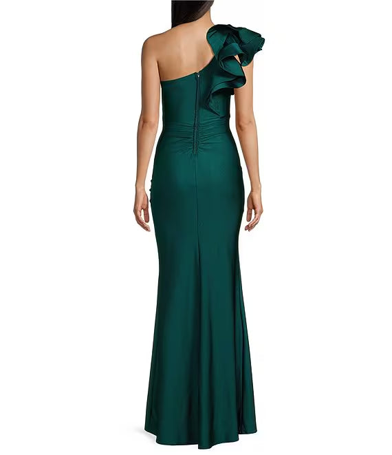 One shoulder with lotus leaf edge and pleats side front slit long evening dress