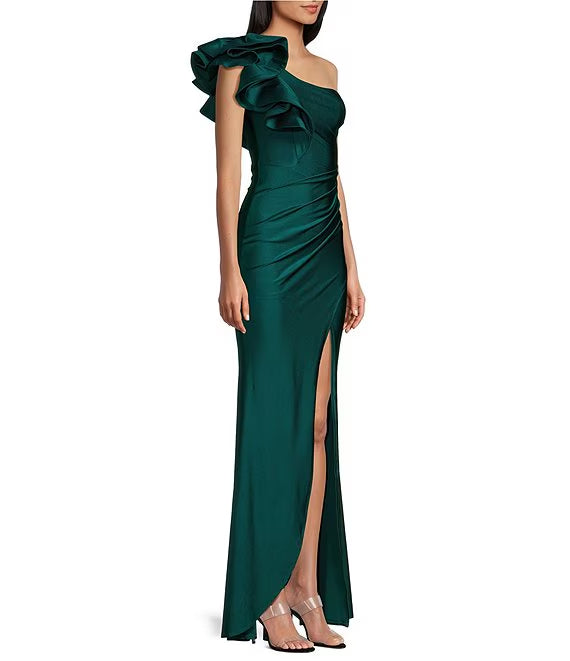 One shoulder with lotus leaf edge and pleats side front slit long evening dress