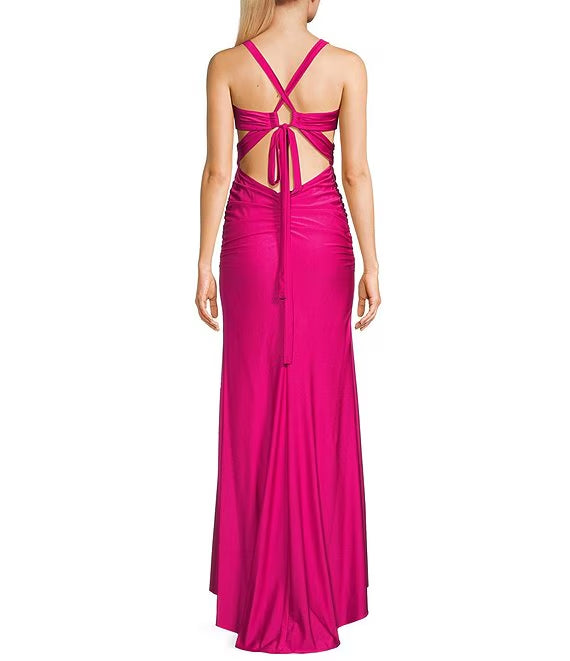 V-neck power satin lace up long dress prom dress – JiMiss Dresses