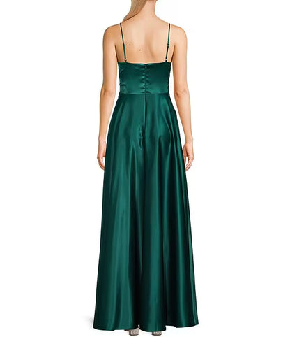 Thin shoulder strap V-shaped front slit length prom dress