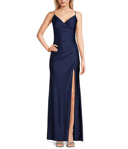 V-neck tied back front slit parallel pleated seam long evening dress