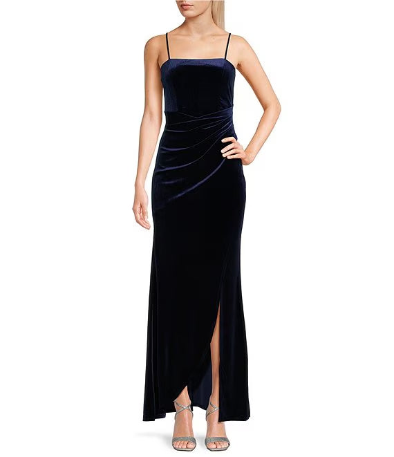 Velvet square neck with side slits and long prom dress