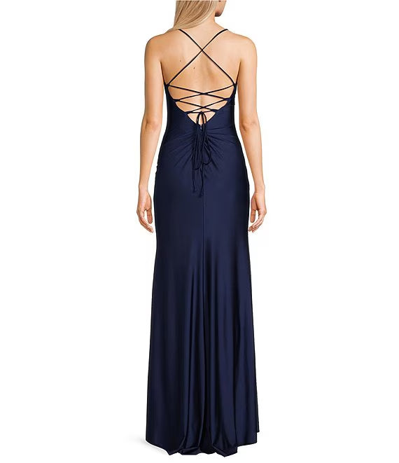 V-neck tied back front slit parallel pleated seam long evening dress