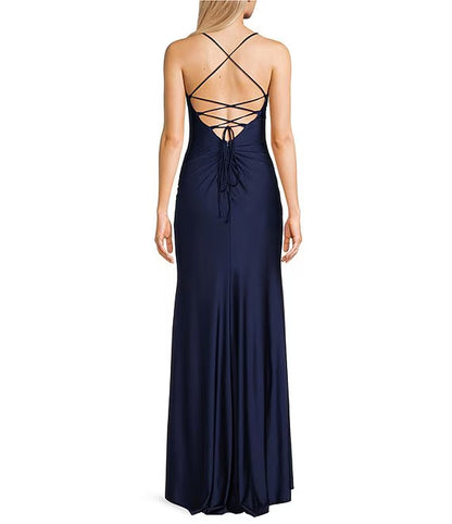 V-neck tied back front slit parallel pleated seam long evening dress