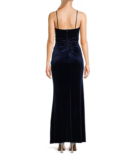 Velvet square neck with side slits and long prom dress