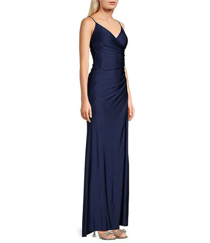 V-neck tied back front slit parallel pleated seam long evening dress