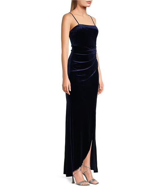 Velvet square neck with side slits and long prom dress