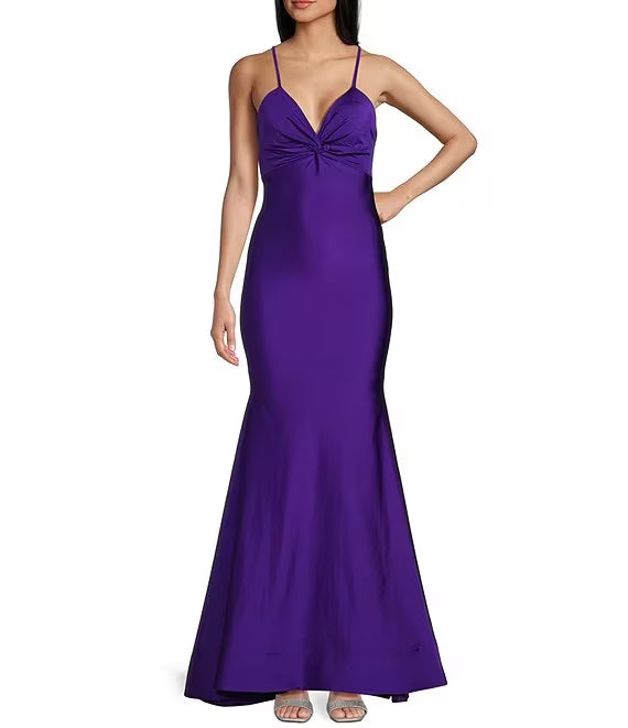 Sparkling elastic twisted front V-neck thin shoulder strap dress prom dress