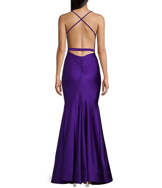 Sparkling elastic twisted front V-neck thin shoulder strap dress prom dress