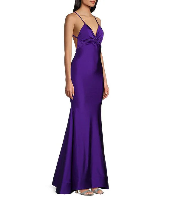 Sparkling elastic twisted front V-neck thin shoulder strap dress prom dress