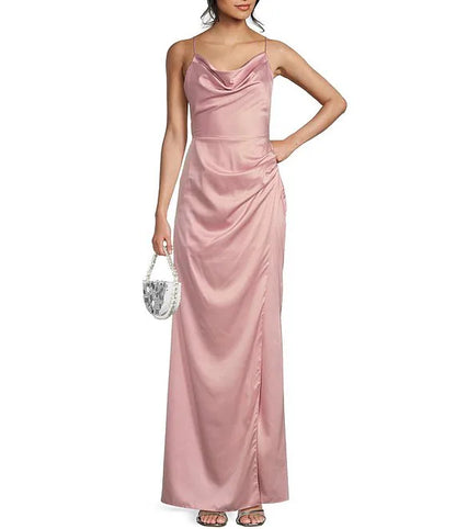 Draped collar front slit bow tie back parallel pleated seam long prom dress