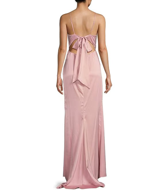 Draped collar front slit bow tie back parallel pleated seam long prom dress