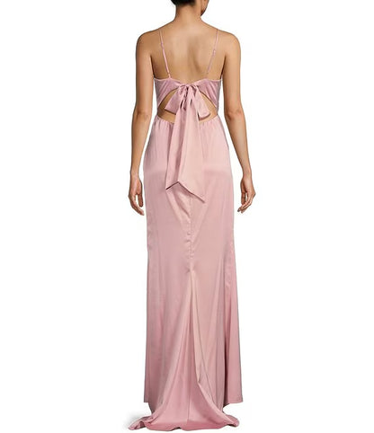 Draped collar front slit bow tie back parallel pleated seam long prom dress