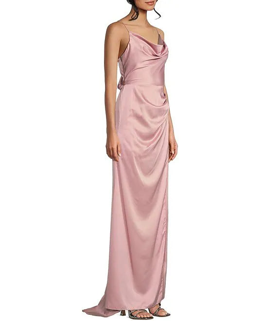 Draped collar front slit bow tie back parallel pleated seam long prom dress