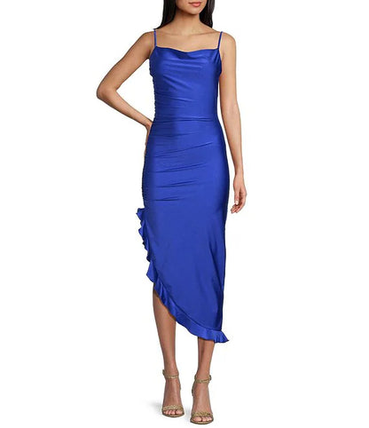 Sleeveless A symmetrical ruffled edge details for a fitted mid length prom dress