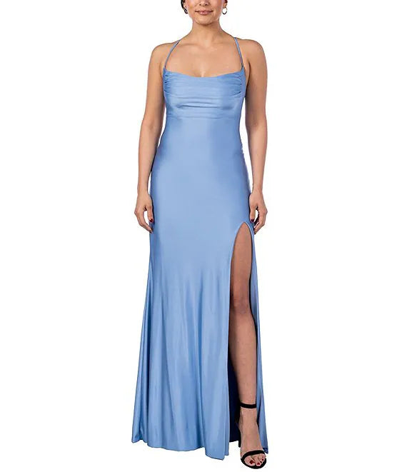 Hood pleated collar with front slit and tied back shiny knit long prom ...