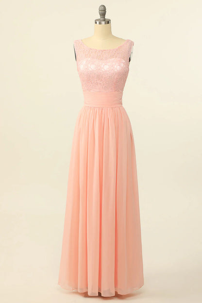 Pink long chiffon lace bridesmaid dress