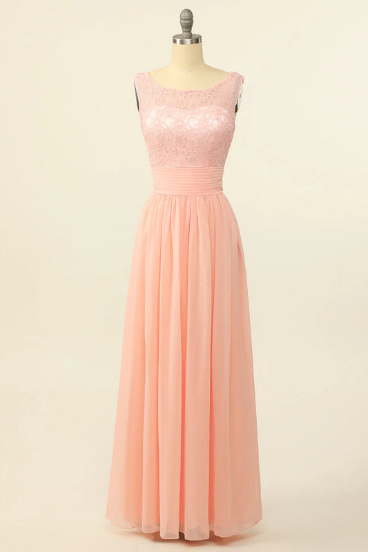 Pink long chiffon lace bridesmaid dress