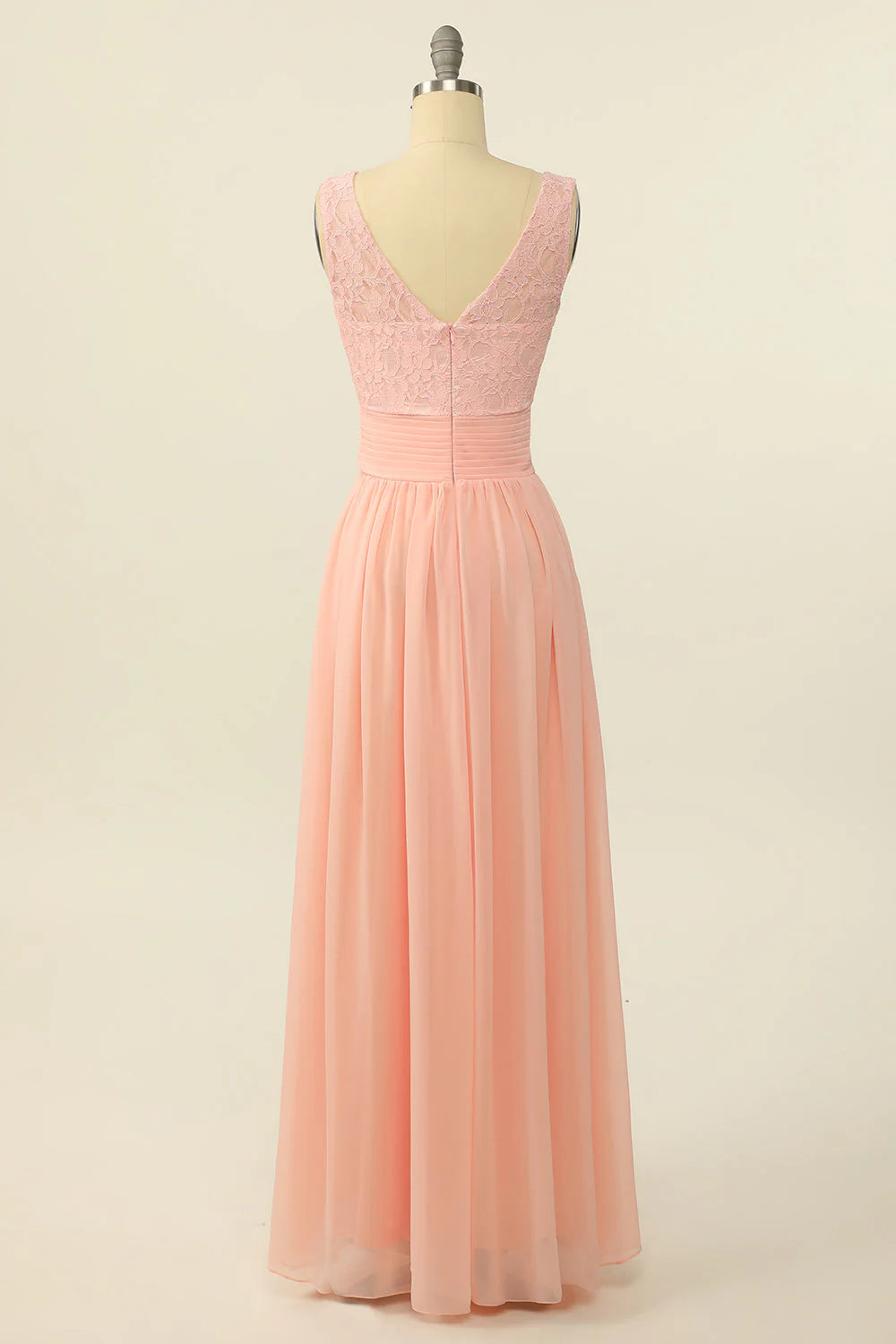 Pink long chiffon lace bridesmaid dress