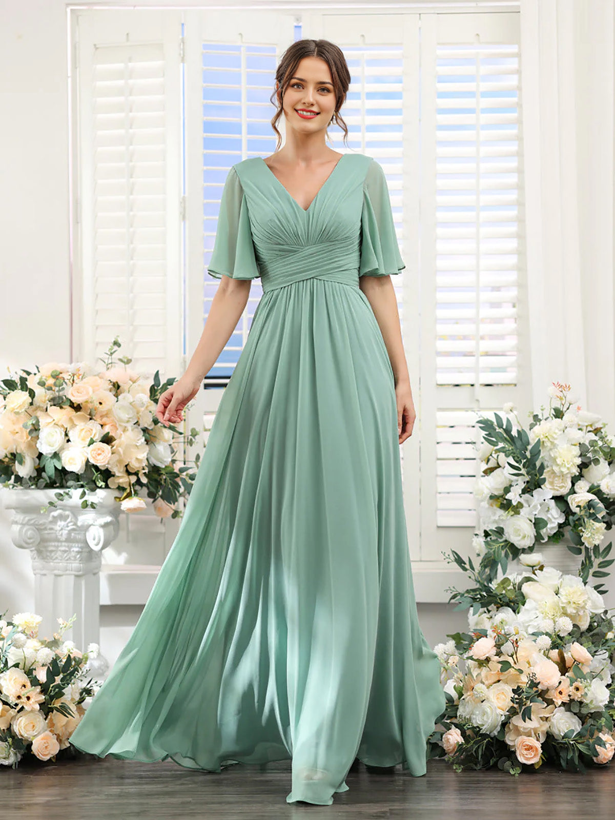 A-shaped V-shaped leader bridesmaid dress, suitable for wedding guests, long chiffon formal slit party dress