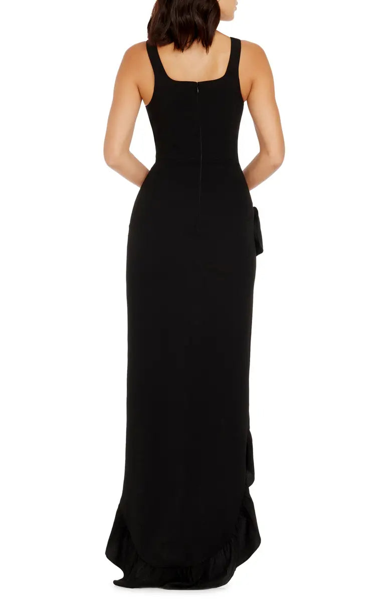 Elegant black off shoulder and floor length ruffled edge evening dress