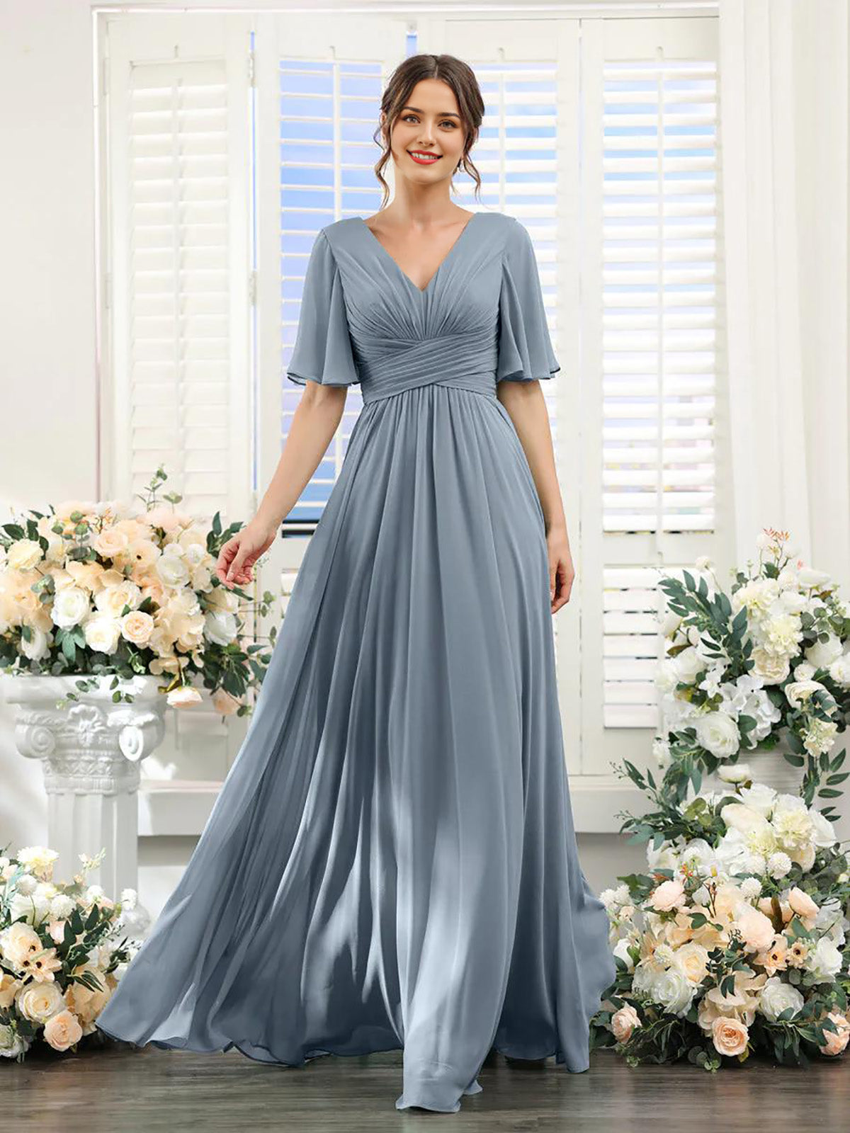 A-shaped V-shaped leader bridesmaid dress, suitable for wedding guests, long chiffon formal slit party dress