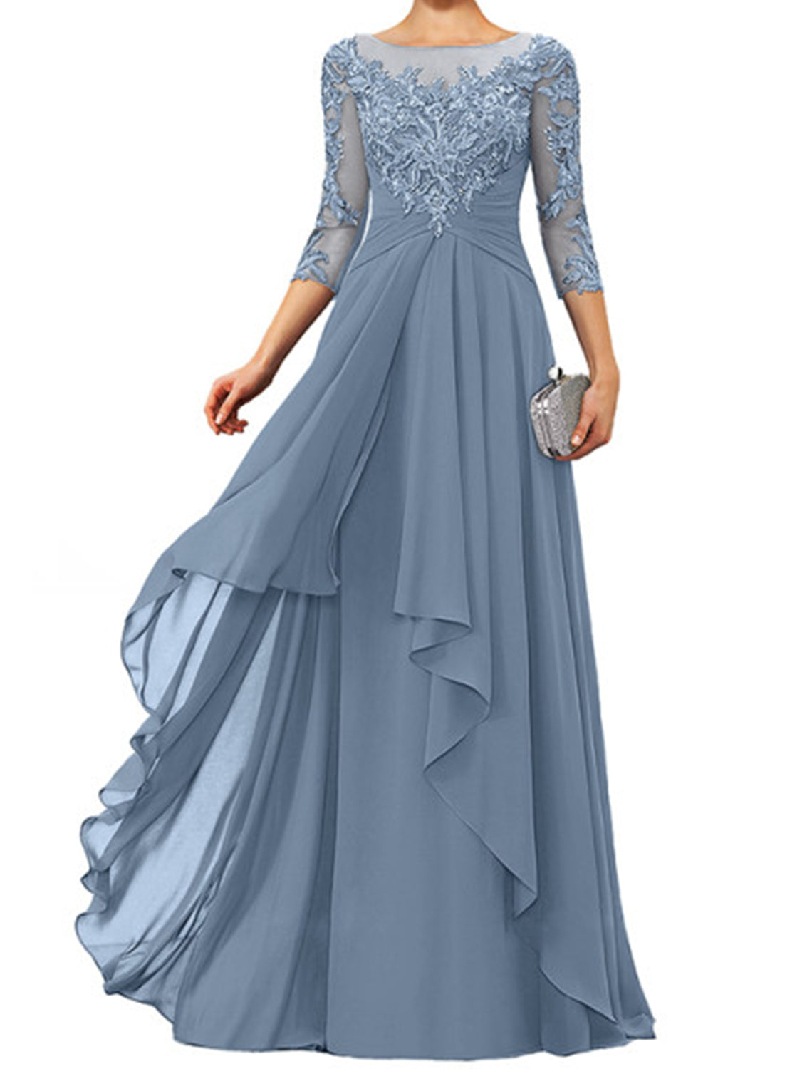 Sheath / Column Mother of the Bride Dress Elegant Jewel Neck Floor Length Chiffon Lace 3/4 Length Sleeve with Appliques