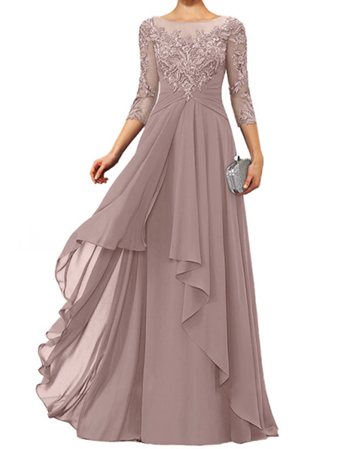 Sheath / Column Mother of the Bride Dress Elegant Jewel Neck Floor Length Chiffon Lace 3/4 Length Sleeve with Appliques