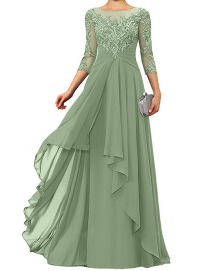 Sheath / Column Mother of the Bride Dress Elegant Jewel Neck Floor Length Chiffon Lace 3/4 Length Sleeve with Appliques