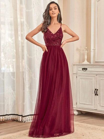 V Neck Spaghetti Strap Embroidered Floor Length Tulle Evening Dress