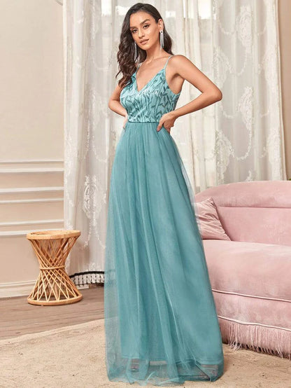 V Neck Spaghetti Strap Embroidered Floor Length Tulle Evening Dress