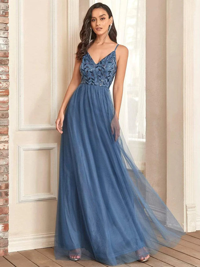 V Neck Spaghetti Strap Embroidered Floor Length Tulle Evening Dress