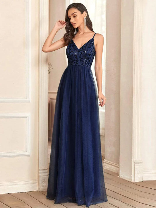 V Neck Spaghetti Strap Embroidered Floor Length Tulle Evening Dress