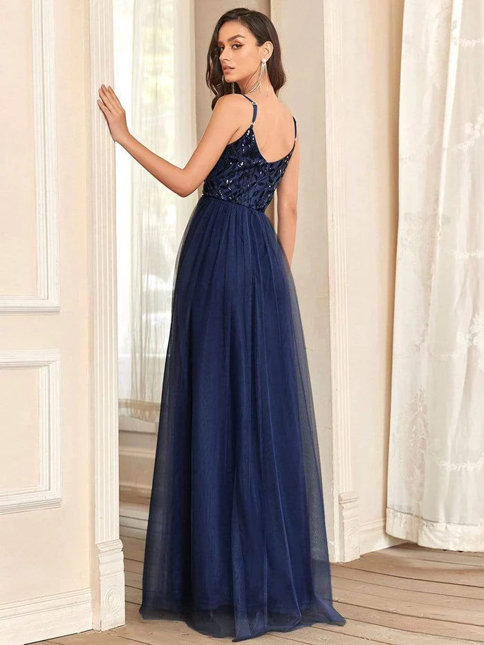 V Neck Spaghetti Strap Embroidered Floor Length Tulle Evening Dress