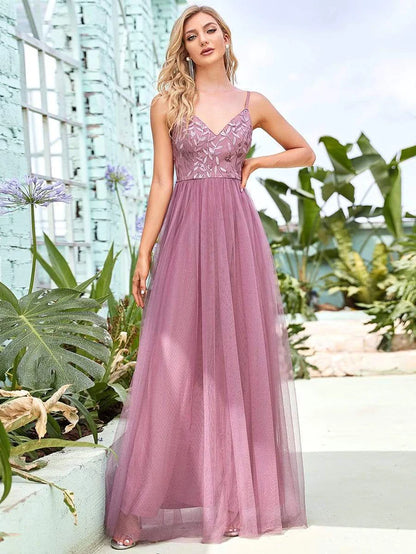 V Neck Spaghetti Strap Embroidered Floor Length Tulle Evening Dress