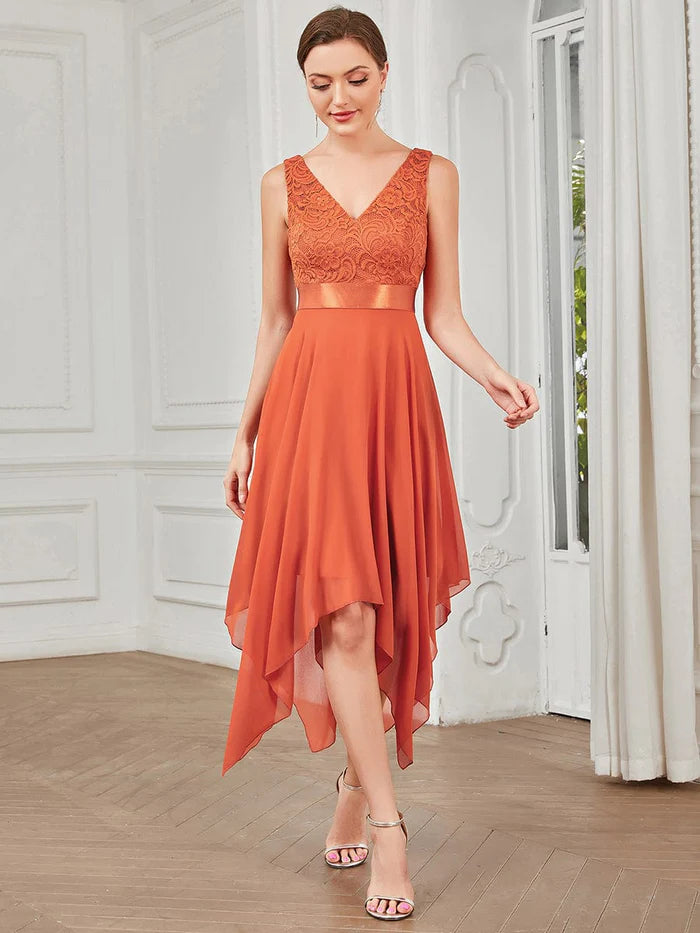 Double V-Neck Empire Waist Midi Asymmetrical Hem Lace Dresses