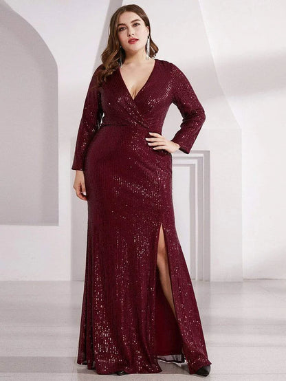 Shiny V Neck Sequin Evening Party Dress with Long Sleeve