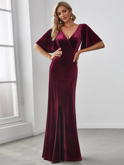 Elegant Double V Neck Velvet Bridesmaid Dress for Women