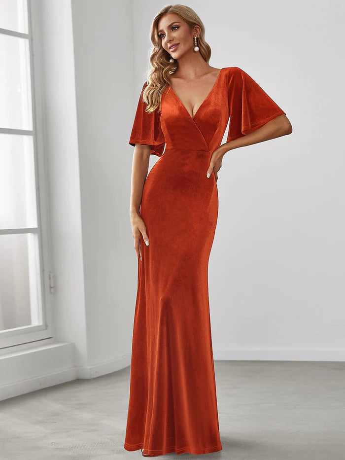 Elegant Double V Neck Velvet Bridesmaid Dress for Women