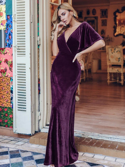 Elegant Double V Neck Velvet Bridesmaid Dress for Women