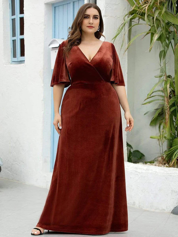 Elegant Double V Neck Velvet Bridesmaid Dress for Women