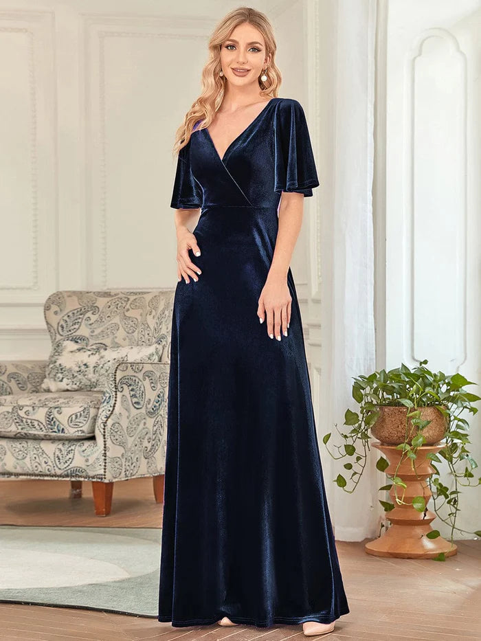 Elegant Double V Neck Velvet Bridesmaid Dress for Women