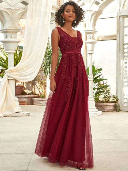 Elegant Sleeveless Applique Flowy Tulle Evening Dress