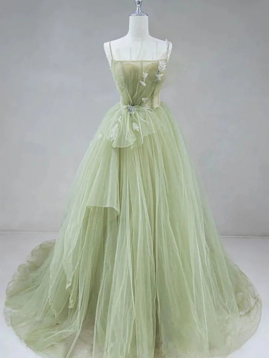 A-shaped tight fitting corset with sage green chiffon on the back long adult dress