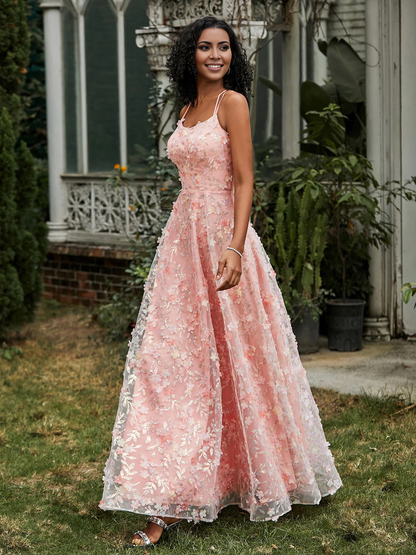 Thin shoulder strap tied floral decal Prom dress