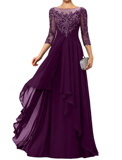 Sheath / Column Mother of the Bride Dress Elegant Jewel Neck Floor Length Chiffon Lace 3/4 Length Sleeve with Appliques