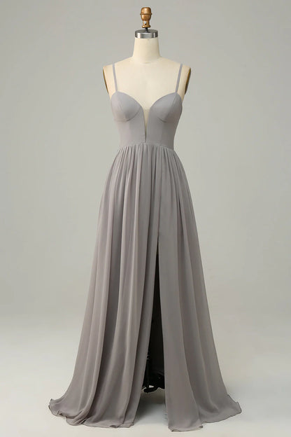 Silver A-line thin shoulder strap slit long bridesmaid dress