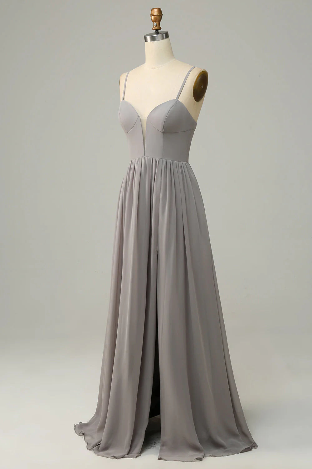 Silver A-line thin shoulder strap slit long bridesmaid dress